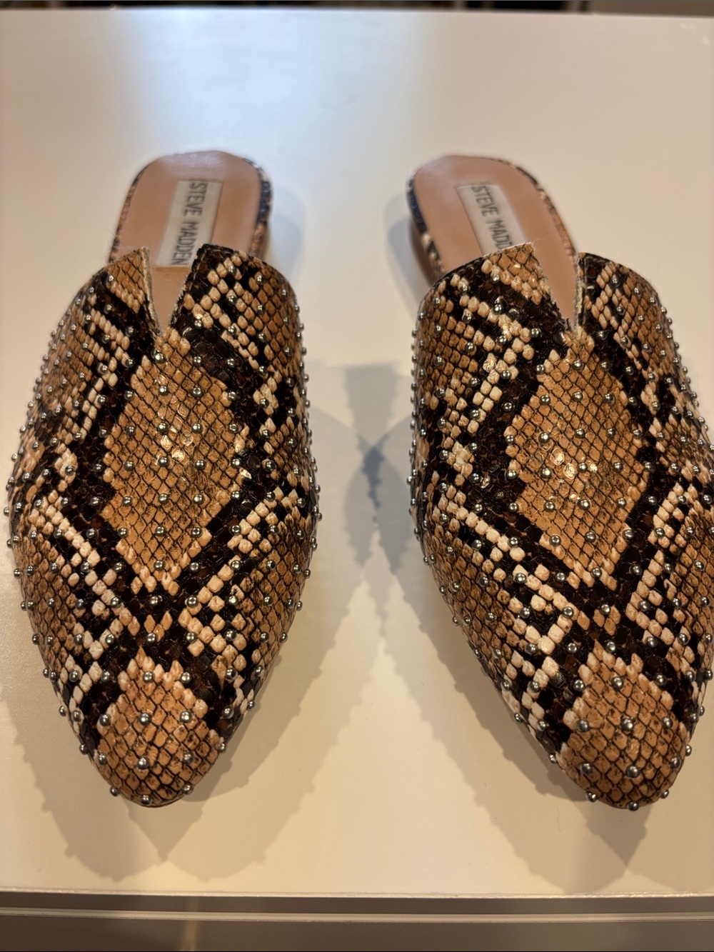 Steve Madden Tan and Black Snake-Print Beaded Slip-On Mules